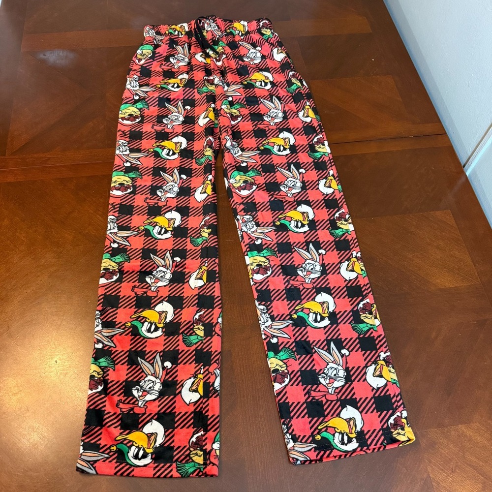 Looney Tunes Pajama Pants S Bugs Daffy Marvin Taz Red Plaid Christmas Lounge